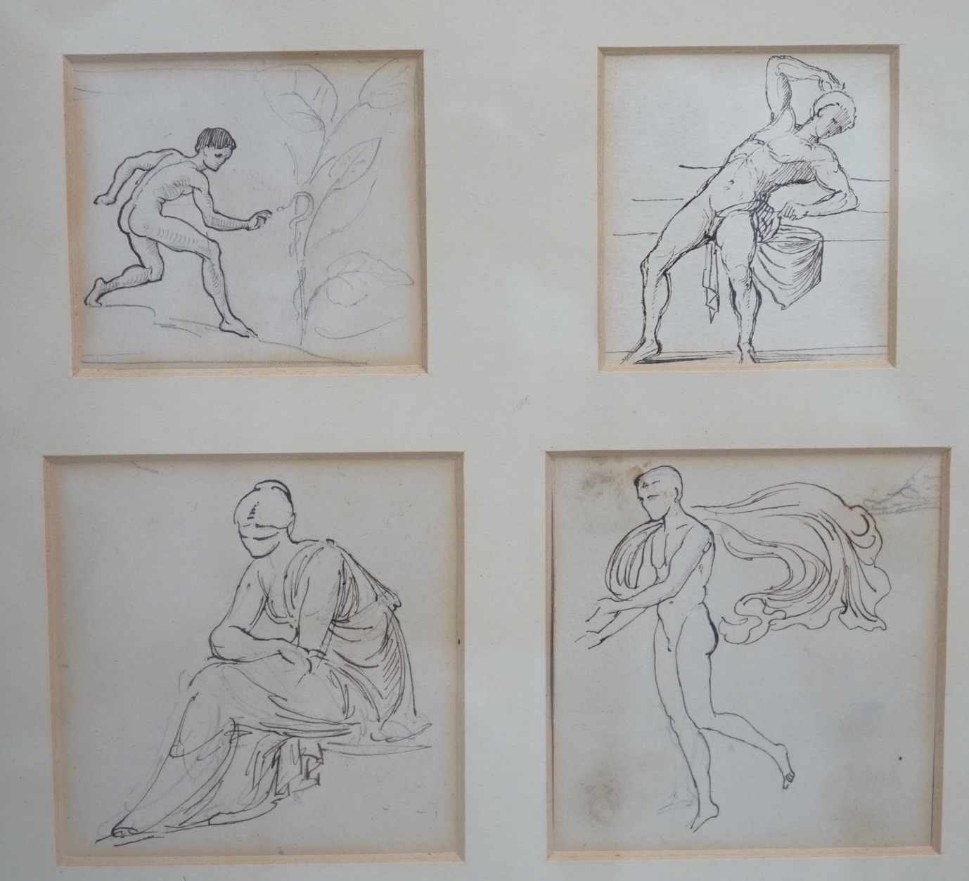 Attributed to William De Morgan (1839-1917), four pen and ink sketches of classical figures, largest 8 x 8cm, framed as one